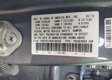 2012 Honda Accord 2.4 Lx z USA, uszkodzony, nr VIN 1HGCP2F3XCA188385